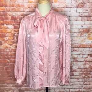Vintage 70s Laura Mae Pink Sarin Jacquard Secretary Blouse